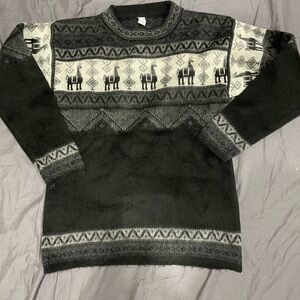 Men's Black and Gray Alpaca Wool Sweater with Llama Pattern